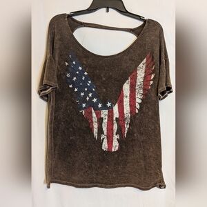 Brown Graphic American Flag Eagle Open Back Women Top Sz. S